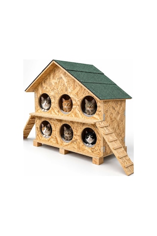 Reyo 6 Bölmeli Kedi Evi Dış Ortam Uygun Ahşap Kedi Barınağı Yetişkin Kedi Evi Su Yalıtımlı Rüzgar ve Soğuğa Dayanıklı OSB 100 x 95 x 50 CM MLD0CAT27