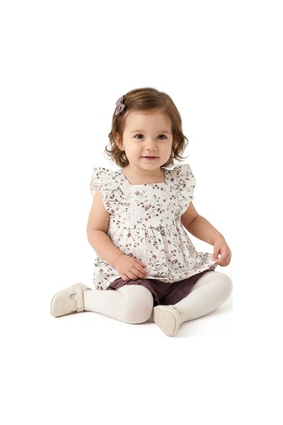 Bebegen Kız Bebek Beyaz Mor Minik Çiçek Desenli Kolları Fırfırlı Müslin 2'li Takım