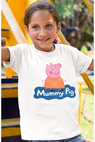 Sevbano Anne Pig Peppa Pig Baskılı Unisex Çizgi Film Çocuk Tişört 1-12 Y beyaz