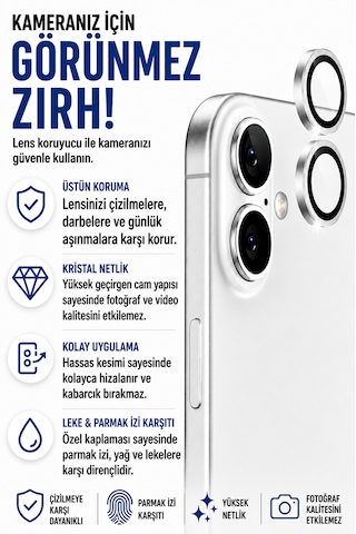 Apple iPhone 17 Uyumlu Kamera Lens Koruyucu Beyaz