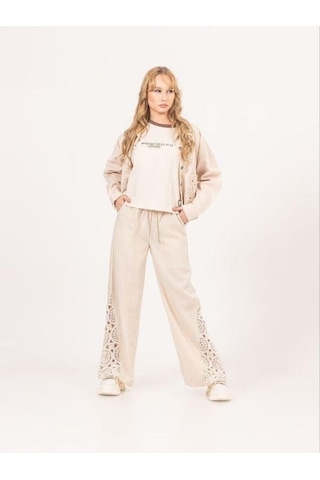 Zekids Kız Çocuk Brode Bol Motifli Bol Paça Pantolon-13902-bej Bej