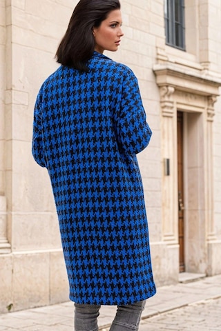 Mavi Kaz Ayağı Desenli, Cep Detaylı, Uzun Kaban Mavi