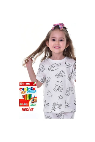 Zuzunga En Sevimli Figürler Özel Kalemi İle Boyanabilir Çocuk Pijama Takımı 12'li Kalem Seti Hediye Beyaz