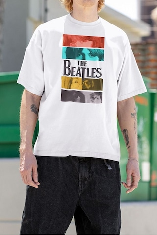 The Beatles Baskılı Unisex Tişört, Oversize Müzik Grubu Tişört Beyaz