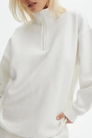 Etiler Collection Unisex Uzun Kol Yarım Farmuarlı Yakalı Basic Sweatshirt - Beyaz