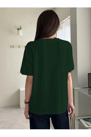 Çift Kalp Logo T-shirt - Nefti Yeşil Baskılı Oversize Bisiklet Yaka Kısa Kol Tişört Nefti Yeşil