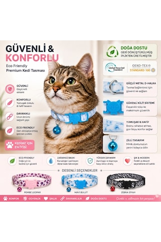 Desenli Kedi Boyun Tasması Geri Dönüştürülmüş İplik, Güvenli Kilit Sistemli, Konforlu Kullanım, Mavi Bulut