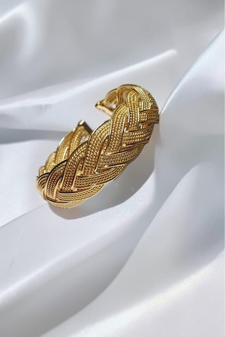Altın Kaplama Saç Örgüsü Kelepçe Bilezik - 5.5 Cm İç Çap Kalın Hasır Model Kadın Bileklik Gold