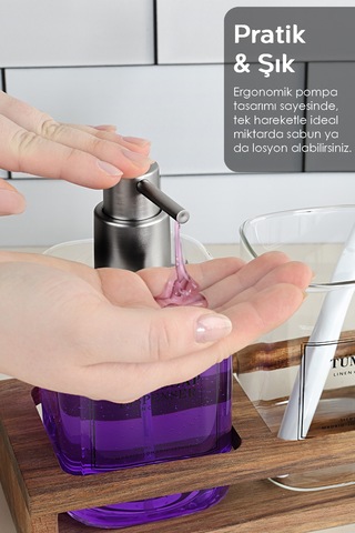 Ahşap Standlı Cam Sıvı Sabunluk Seti - Sıvı Sabun Şişesi Diş Fırçalığı Banyo Seti Şeffaf 550 Ml Beyaz