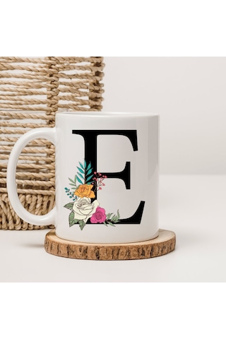 E Harfli Baskılı Kupa Bardak Beyaz