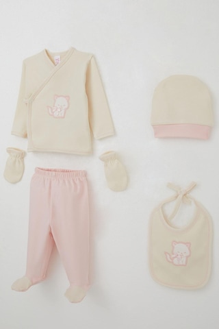 Breeze Kız Bebek Hastane Çıkışı 5 Li Sevimli Kedi Nakışlı Fiyonklu 0-3 Ay, Krem Krem