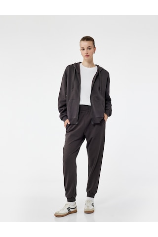 Koton Şardonlu Uzun Kollu Kapüşonlu Kanguru Cepli Oversize Fermuarlı Sweatshirt Antrasit 6wal10130ık Antrasit