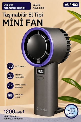 Exenar - Siyah - Güçlü Portatif Mini El Fanı 1200 Mah Dijital Ekranlı Şarjlı Vantilatör 5 Kademeli Fan Siyah