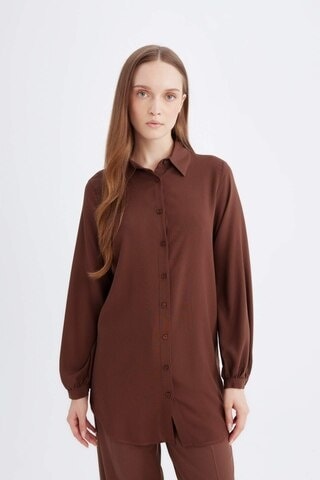 Defacto Regular Fit Gömlek Yaka Basic Düz Viskon Uzun Kollu Gömlek Tunik D2613ax24aubn271 Kahve