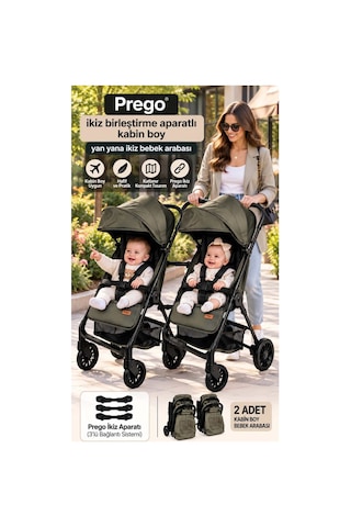 Prego İkiz Apartlı Birleşip Ayrılan Yan Yana İkiz Kabin Boy Bebek Arabası Haki1