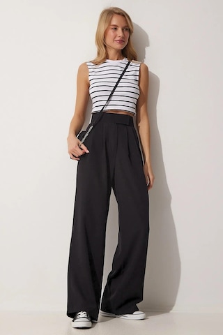 Trend Alisse Beli Cırtlı Pileli Bol Paça Palazzo Kadın Pantolon Siyah