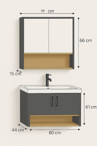 Legna 80 Cm Beyaz & Ahşap Banyo Dolabı Takımı Seramik Lavabolu