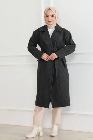 Etiler Collection Kaşe Kaban Uzun Boy 115 Cm Kruvaze Yaka Kuşaklı Astarlı Tesettür Kaban Yünlü - Siyah