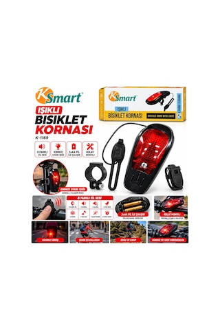 Bisiklet Kornası - Zil Işıklı 2xaa Pil 8 Fonksiyon Zil K-1169 5468 Çok Renkli