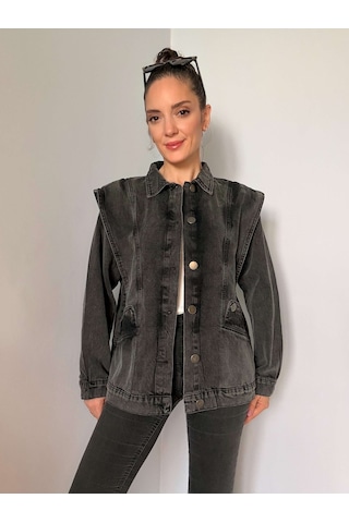 Antrasit Omuz Detaylı Tasarım Denim Ceket Antrasit