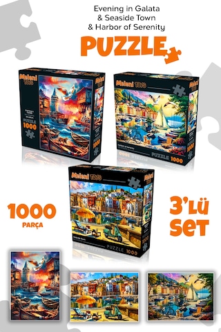 3 Adet 1000 Parça Puzzle - Limanda Sakinlik, Sahil Kasabası Ve Galata Kulesi Manzara Yapboz 68x48 Cm
