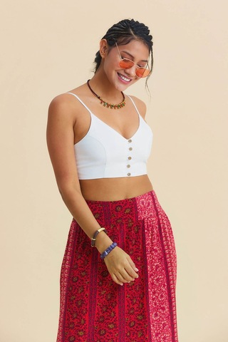 İnce Askılı Düğme Detaylı Crop Bluz Beyaz