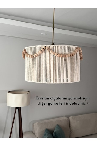 Makrome El Yapımı Bohem Silindir Boncuklu Rustik Avize Beyaz