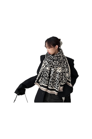 Dofolink Kadınlar İçin Kışlık Çift Taraflı Pashmina Eşarp, Kalın Yün İmitasyonu, Moda Örgü Desenli, Boyunluk Ve Atkı 2'li, 190x65 Cm, V1101 Siyah