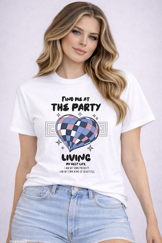 Herkesemoda The Party Baskı Detaylı Basic T-shirt Beyaz