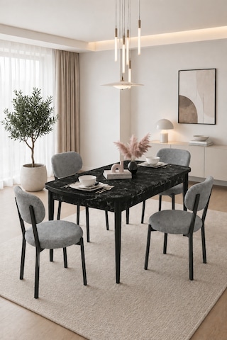 Renlife Açılır Yemek Masası Ve Sandalye Seti Metal Ayaklı 4 Sandalye + 80x130 Masa Bendir Bendir Gri