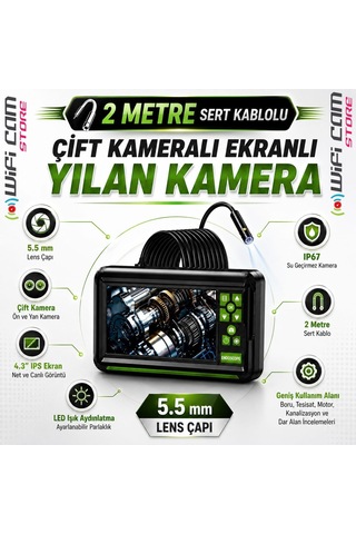 2 Metre Çift Lens Ekranlı Yılan Kamera 5.5mm Lens Sert Kablo