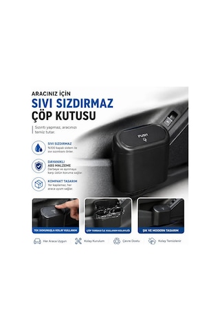 Araç İçi Sıvı Sızdırmaz Çöp Kutusu Kapaklı Askılı Mini Araba Çöp Kovası Dayanıklı Abs Premium Siyah