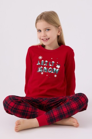 Kareli Kız Çocuk Uzun Kol Pijama Takım Kırmızı