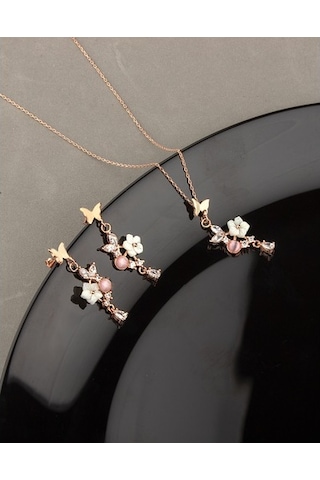 925 Ayar Gümüş Kelebek Bahçesi Kolye Küpe Set