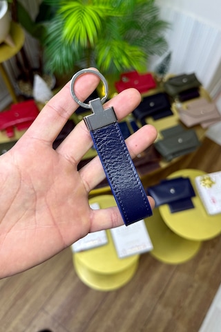 Lacivert Hakiki Deri Premium Anahtarlık Kişiye Özel İsim Baskılı