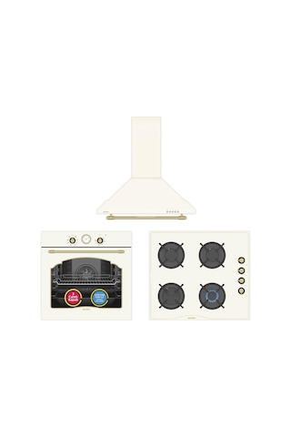 Simfer 9 Fonksiyon Retro Bej 3'lü Ankastre Set (8218 Fırın + 3326 Ocak + 8716 Davlumbaz)