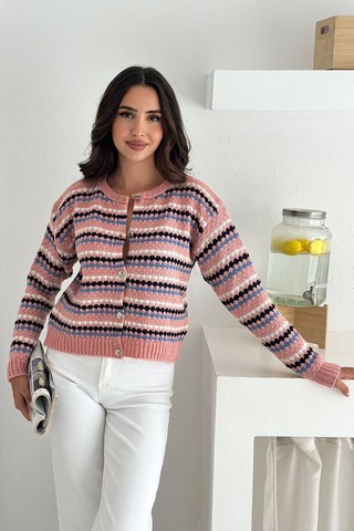 Noa & Noa Kadın Geometrik Desenli Düğmeli Triko Hırka Canlı & Şehirli Stil Pembe