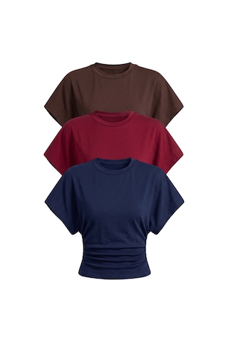 Genius Store Kadın Yarasa Kollu Bluz Pamuklu 3 Lü Bluz Yarasakol-3 Kahverengi-bordo-lacivert