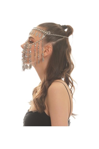 Kadın Antik Gümüş Kaplama Yaprak Charm Detaylı Ayarlanabilir El Yapımı Peçe, Yüz Zinciri Gümüş