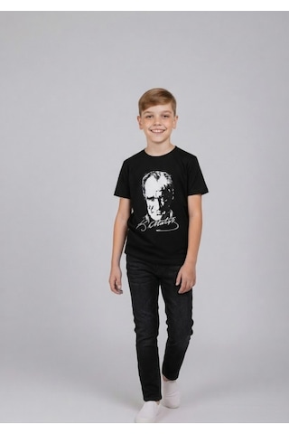 Nacar Store Erkek Çocuk Siyah Atatürk Baskılı T-shirt Ve Siyah Keten Pantolon Takım 23nisan 29ekim Özel Günler Siyah-siyah