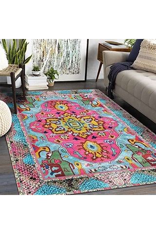 Laray Desenli Kadife Pamuk Tabanlı Yıkanabilen Kaydırmaz Antibakteriyel Salon Halısı 80x150 Çok Renkli