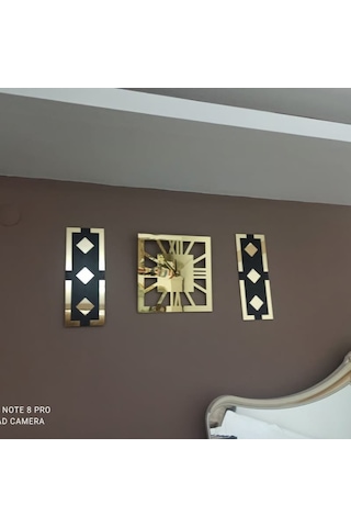 Altın Renk Aynalı Pleksi Modern Tasarım Yuvarlak Duvar Saati Tablo 3 Lü Set Sessiz Mekanizma Saat 40x40cm Tablo 50x20 Cm Gold - Siyah