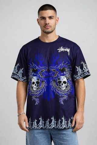 Barlashive Erkek Oversize Tişört Dragon Kuru Kafa Baskılı Bisiklet Yaka T-shirt - Lacivert Çok Renkli