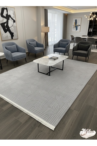 Konak Halı Modern Salon Halısı Açık Gri Emboss Kabartmalı Saçaklı Kaymaz Taban Açık Gri