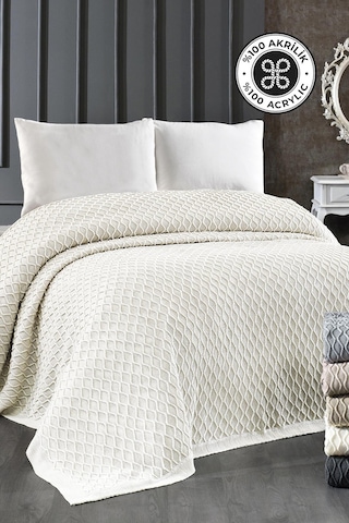 Akrilik Örgü Battaniye Çift Kişilik 220 X 240 Cm Yatak Örtüsü Pike Poly Krem