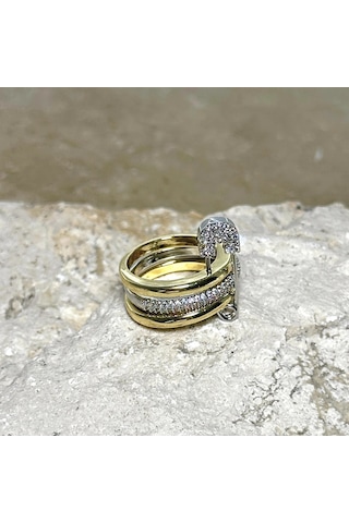 3'lü Silver-gold Taşlı Çengelli İğne Yüzük Çok Renkli