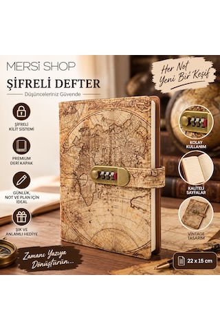 Şifreli Vintage Dünya Haritası Desenli Defter 22x15 Cm Kilitli Günlük Ve Not Defteri Çok Renkli