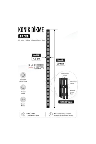 Konik Dikme 200 Cm Siyah 1 Adet Çift Sıra Delikli Modüler Mağaza Raf Profili Direği