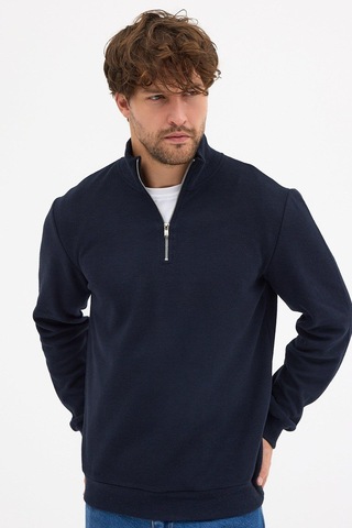 Mmetalic Erkek Lacivert Standart Fit Normal Kesim Pamuklu Yarım Fermuarlı Dik Yaka Pamuklu Sweatshirt Lacivert