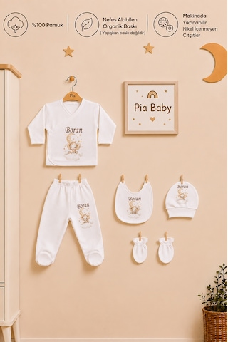 Pia Baby İsim Baskılı Erkek Bebek Hastane Çıkışı 5'li Zıbın Seti Penye Bebek Battaniyesi Ve Ham Bez Kıyafet Kesesi 1035bzkyx Krem